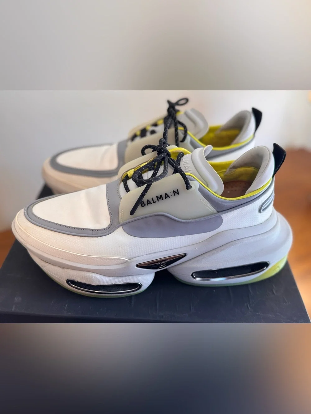 Balmain B-Runner White Grey Neon Yellow Chunky Sneakers Mens US 9 / EU 42
